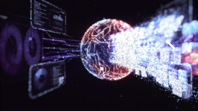 Abstract 3D render of streaming data particles flowing between server panels through a glowing sphere. Futuristic network and cloud computing concept animation.