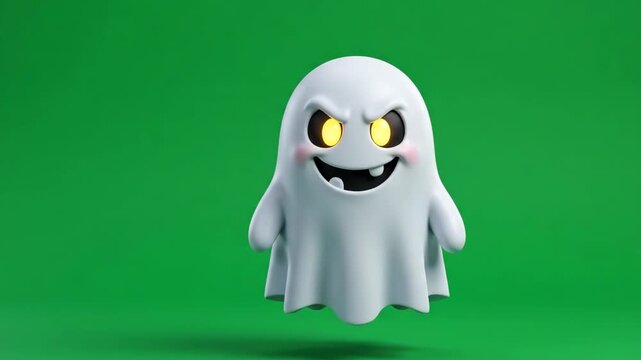 Cute 3D animated ghost character floating and smiling on green screen background
