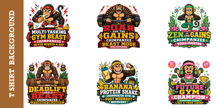 Funny chimpanzee gym beast vector t-shirt design collection for fitness protein and yoga art.