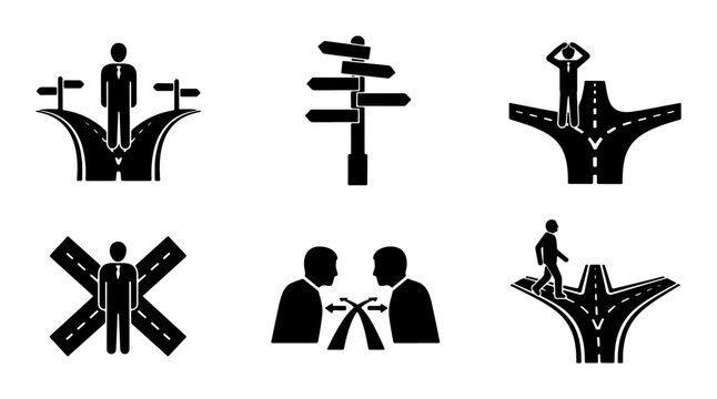Decision Making Icons: Crossroads, Signposts, Dilemmas, and Choices. Business Strategy and Pathfinding Vector Set.