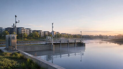 Fototapeta premium Morning view of water management facility along river in residential area with mist rising from water before sunrise near cityscape