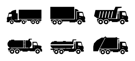 Diverse Truck Icons Set: Delivery, Dump, Tanker, Garbage Trucks, Commercial Vehicles, Logistics, Transportation Graphics © Arif
