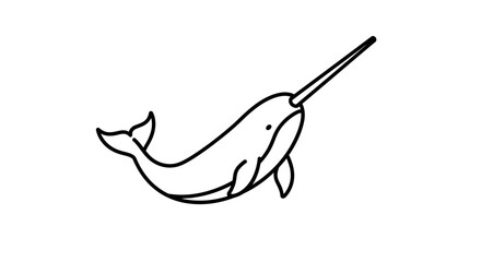 A simple black and white line art illustration of a swimming narwhal. © Syakira_Muhtar