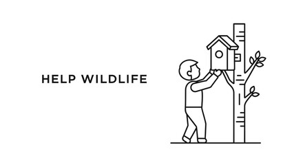A line art illustration of a young person attaching a wooden birdhouse to a tree trunk. © Syakira_Muhtar