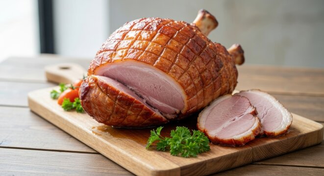 A sliced, glazed ham sits on a wooden board, garnished with parsley