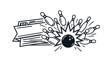 A stylized black and white illustration of a bowling ball striking pins with a banner. © joho