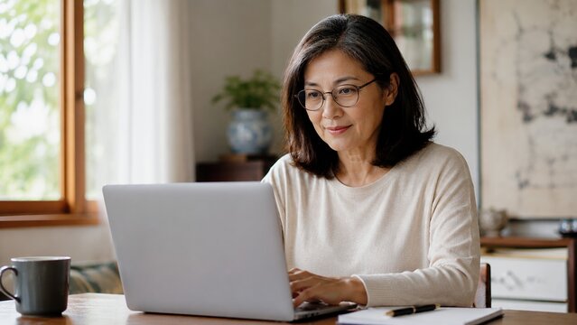 Mature woman using laptop at home office with natural light, remote work and professional lifestyle concept.