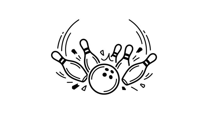 A black and white line art illustration of a bowling ball striking pins.