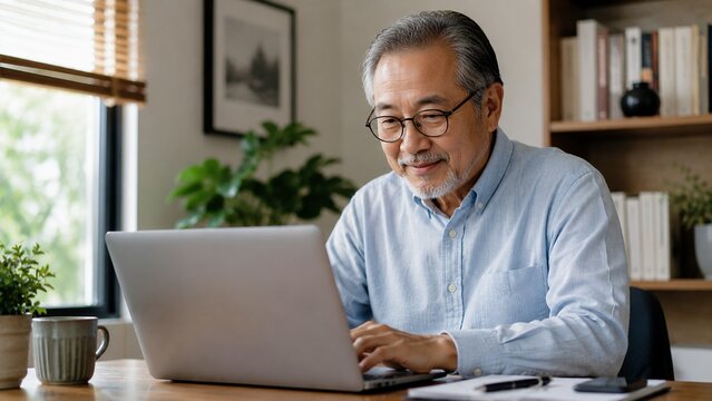 Senior man working on laptop at home office, modern remote work and productive lifestyle photography.