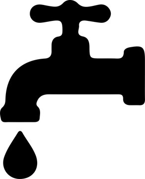 Water Tap Icon: A simple black silhouette of a water tap with a single drop of water falling from its spout, symbolizing essential resources and basic needs.
