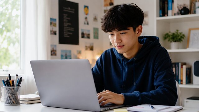 Teenage student using laptop indoors with cozy workspace, education and digital learning concept.