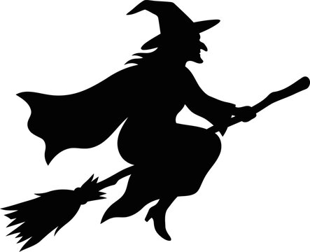 Spooky Halloween Witch Flying on Broomstick Silhouette Vector Illustration