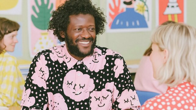 Smiling male teacher talking with a student in a bright colorful classroom, candid education scene with diverse people, creative learning environment and positive interaction.