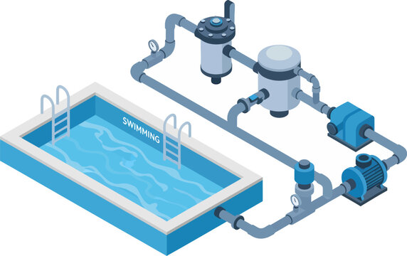 Swimming pool filtration system shows the mechanical process of water circulation and cleaning.
