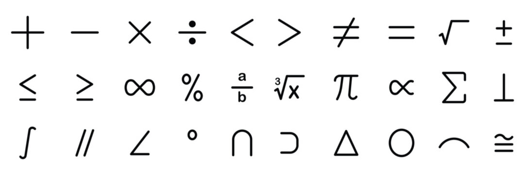 Math symbols icon set. Set of basic mathematics and geometry symbols icons collection. Vector illustration.