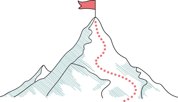 Mountain summit path illustration, success journey concept with flag destination and achievement route