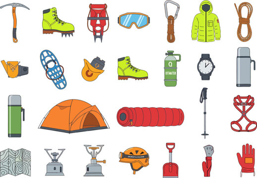 Mountaineering equipment collection displays essential gear for outdoor alpine climbing and winter expeditions.