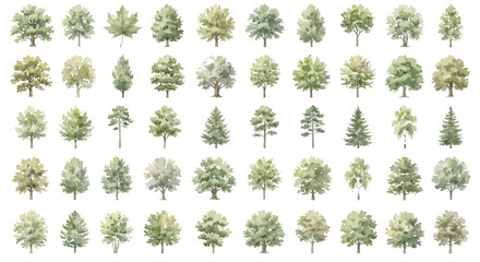 A collection of watercolor illustrations depicting a variety of deciduous and coniferous trees, presented in a grid format on a white background. © Hand Made Assets
