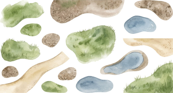 Watercolor landscape elements set with green grass patches, sandy paths, stones, and blue water ponds isolated on white background