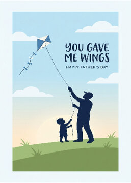 Happy Father's Day greeting card vector, silhouette of father and son flying a kite, blue sky background with inspirational quote