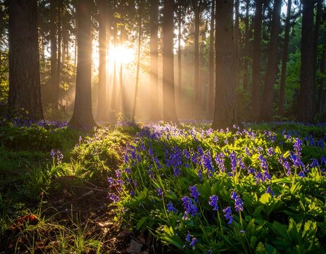 A serene forest scene with a sunlit glade filled with purple flowers