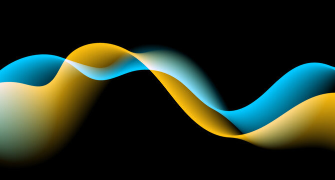 Abstract background featuring elegant fluid waves with smooth blue and yellow gradient on dark black backdrop. Dynamic flowing lines for modern graphic banner vector design