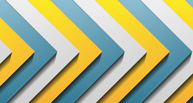 Abstract geometric background with layered blue and yellow arrows. Vector concept tech graphic design