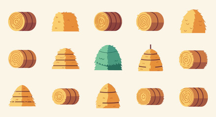 Collection of diverse hay bale and haystack vector illustrations on a light background © pumpskin