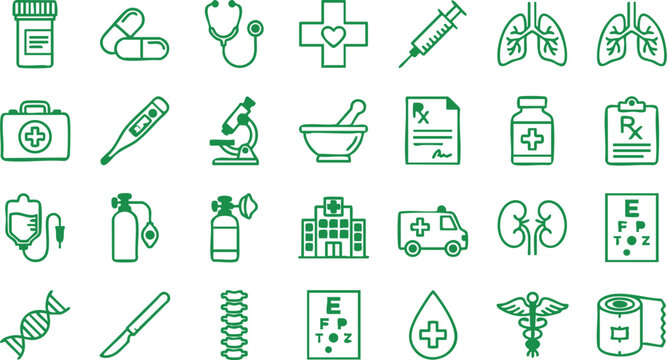 Green vector medical icons set including pills, stethoscope, syringe, lungs, kidneys, and more healthcare symbols in a graphic illustration for medicine and health themes.