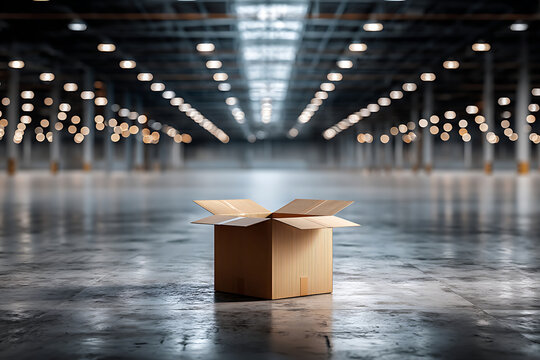 Open cardboard box in empty warehouse