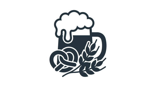 A minimalist black and white icon featuring a beer mug with a pretzel and wheat stalks.