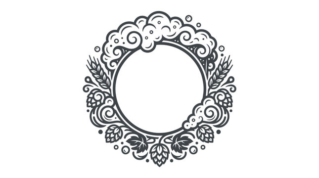 Circular emblem featuring hops and wheat stalks with foam elements.