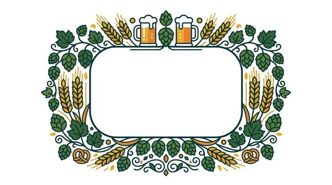Decorative beer themed frame with hops wheat and mugs.