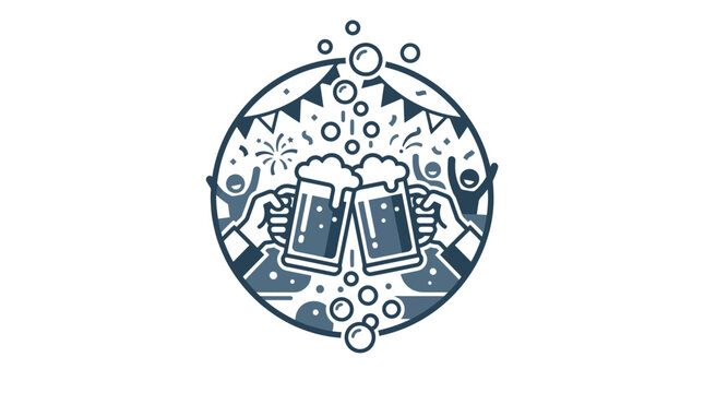 Two hands holding beer mugs clinking together in a celebratory circular graphic design.