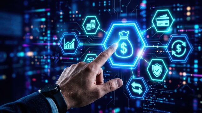 Financial technology concept hand interacting with digital interface of money and data security