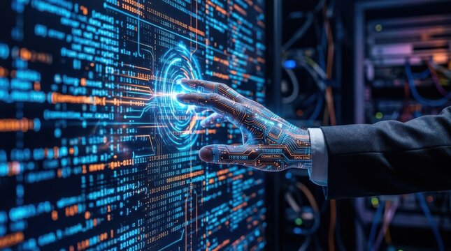 Futuristic technology interface human computer interaction with digital data streams and network connections