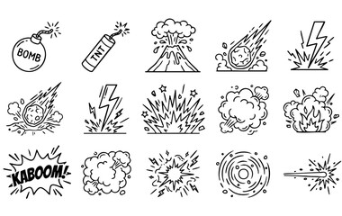 Collection of black and white cartoon explosion and boom effect icons set © Afsana
