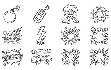Collection of black and white cartoon explosion and boom effect icons set © Afsana