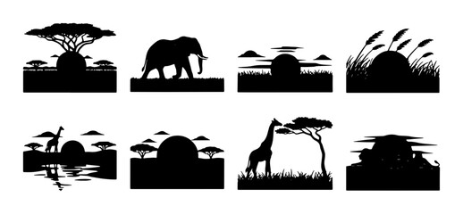 African Safari Silhouettes: 8 Vector Scenes with Elephants, Giraffes, Acacia Trees, and Sunsets for Travel and Wildlife Designs © Nadiya
