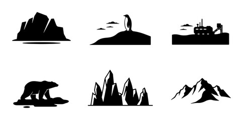 Arctic and Antarctic Icons: Polar Bear, Penguin, Icebergs, Mountains, Ship, Vector Set for Cold Climate and Wildlife Themes © Rabiul