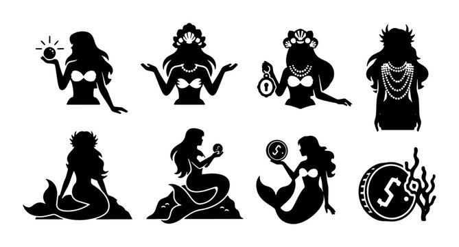 Mythical Mermaid Silhouettes Collection, Enchanting Fantasy Sea Creatures, Elegant Underwater Goddesses, 8 Vector Icons for Magical Designs
