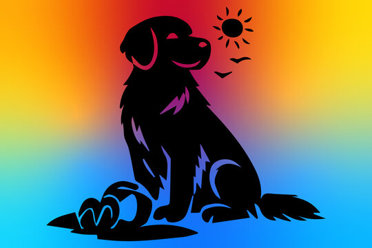 Vector image of a golden retriever dog on the beach