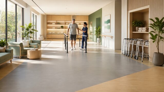 Modern rehabilitation lounge with guided recovery therapy