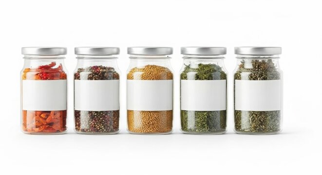 Five glass jars filled with assorted spices and herbs
