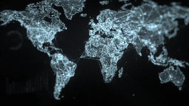 3D rendered world map made of shimmering particles and connecting lines on a dark background. Futuristic global network and big data visualization loop.
