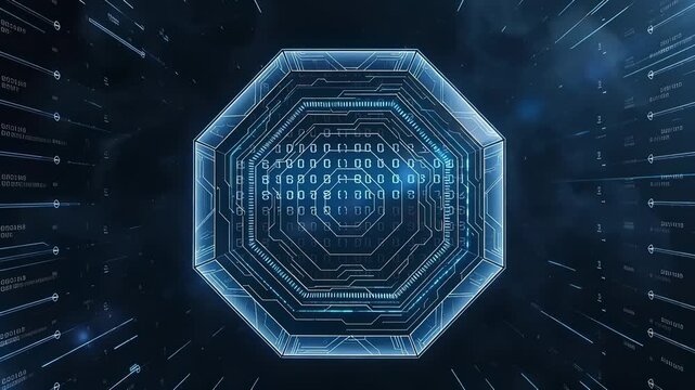 Futuristic octagonal quantum computer core processing binary code and data in a cloud server environment with digital information flowing through a hi-tech cpu