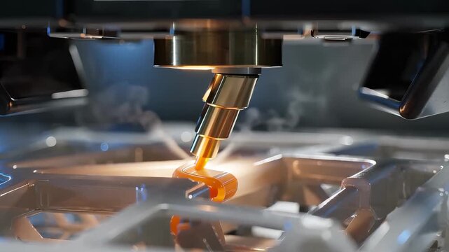 Advanced 3d printer building a complex prototype component with glowing molten plastic, demonstrating modern additive manufacturing technology in a futuristic laboratory