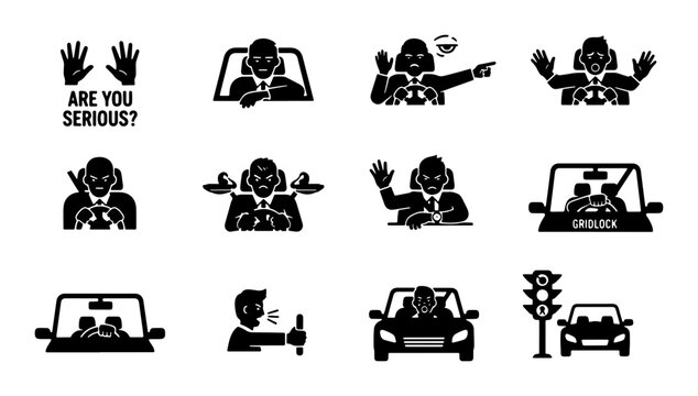 Aggressive Driving Behavior Icons: Road Rage, Distraction, and Traffic Violations Vector Set