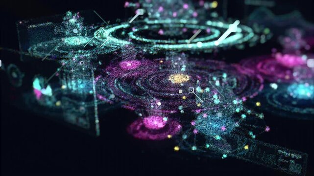 3D rendered animation of a glowing particle world map with connected nodes and circular HUD elements, visualizing global data flow and technology networks.