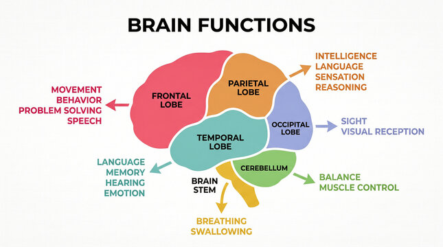 Anatomical diagram of human brain functions and cerebral lobes with neuroscience